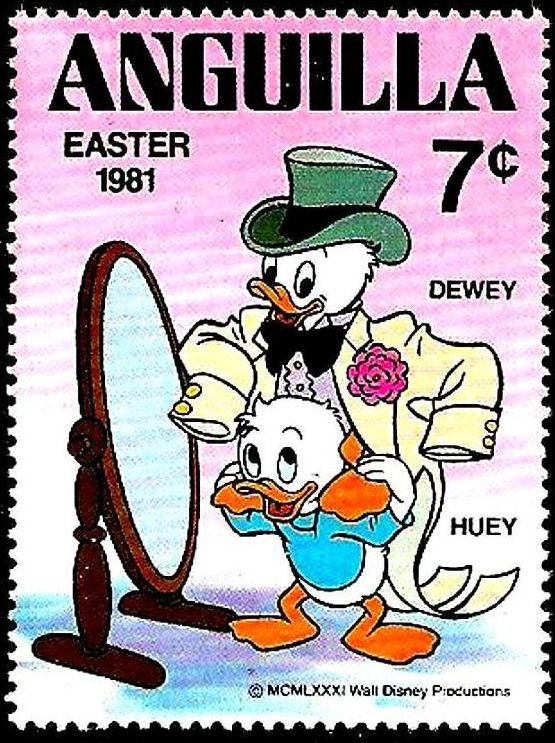 z vendido Anguilla 1981 Scott 438 Sello ** Walt Disney Easter Sobrinos de Donald Dewey y Huey 7c 